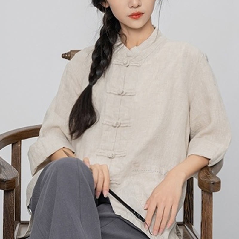 Solid Color Frog-button Long Sleeve Linen Women's Shirts With Pockets