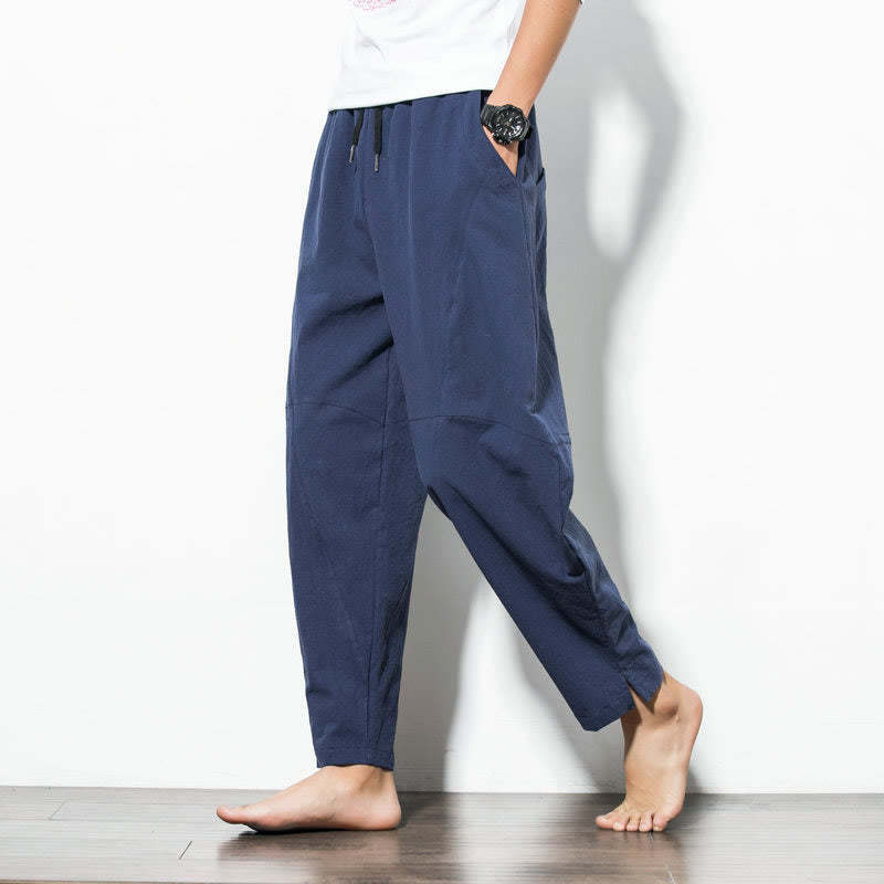Casual Men's Solid Color Linen Drawstring Pants With Pockets