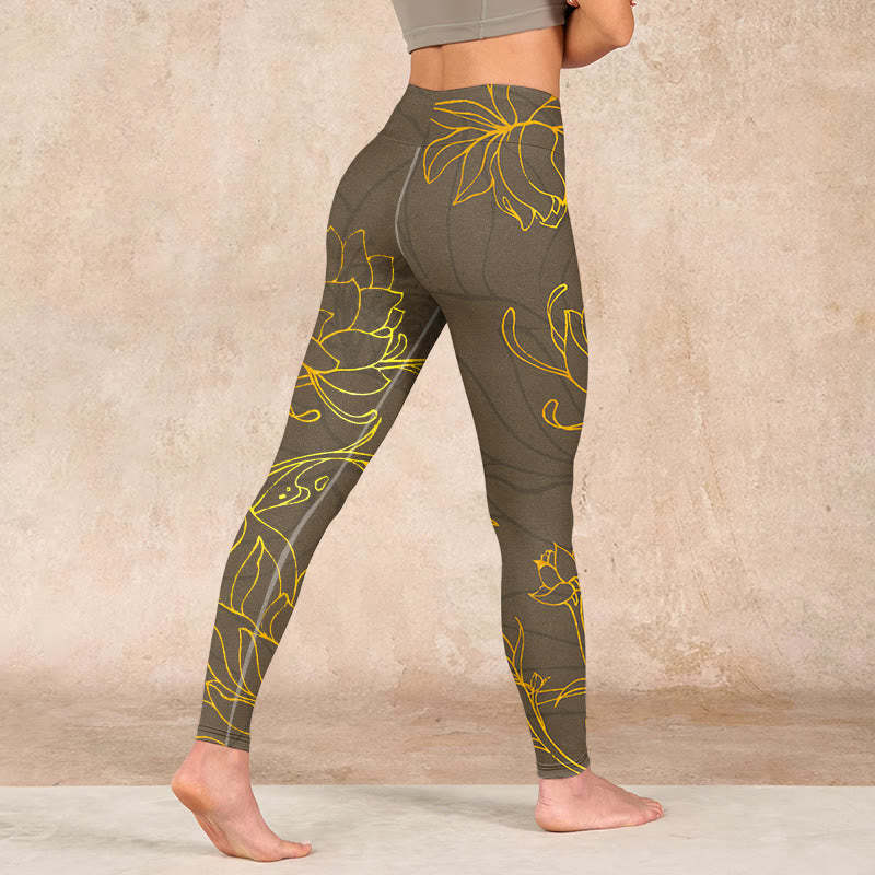 Yellowish Brown Lotus Flower Lotus Leaf Print Gym Leggings Women's Yoga Pants