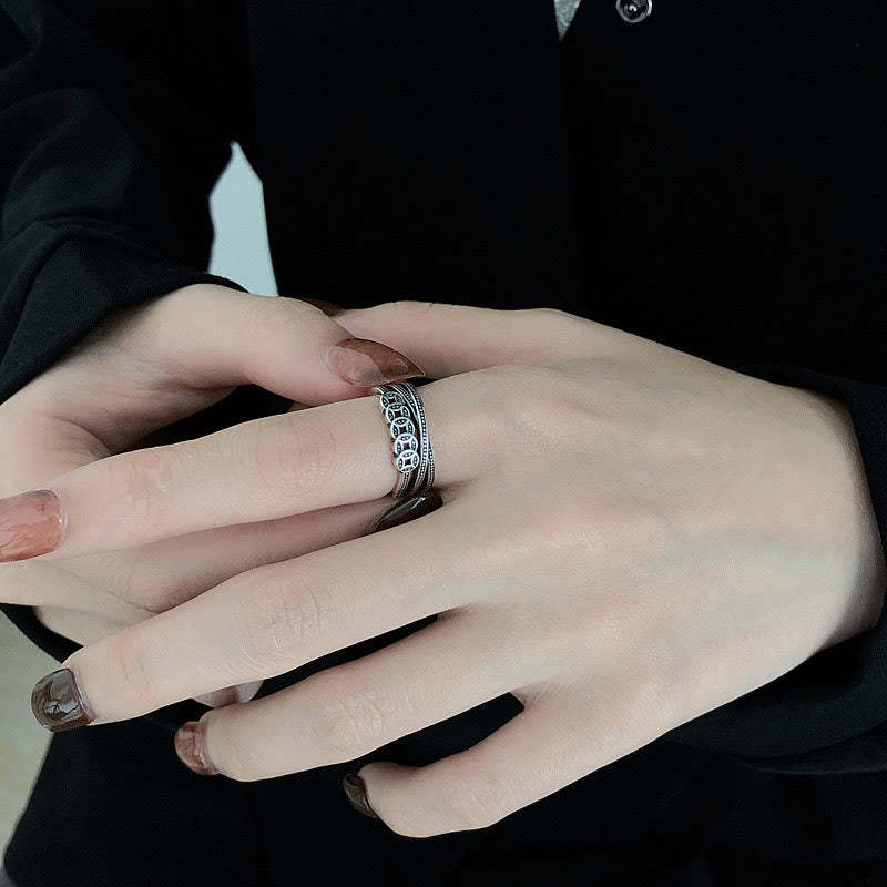 925 Sterling Silver Copper Coins Wealth Blessing Adjustable Ring