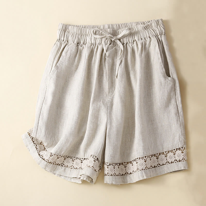Plain Color Bottom Hollow Lace Design Lace-up Cotton Linen Women's Shorts With Pockets