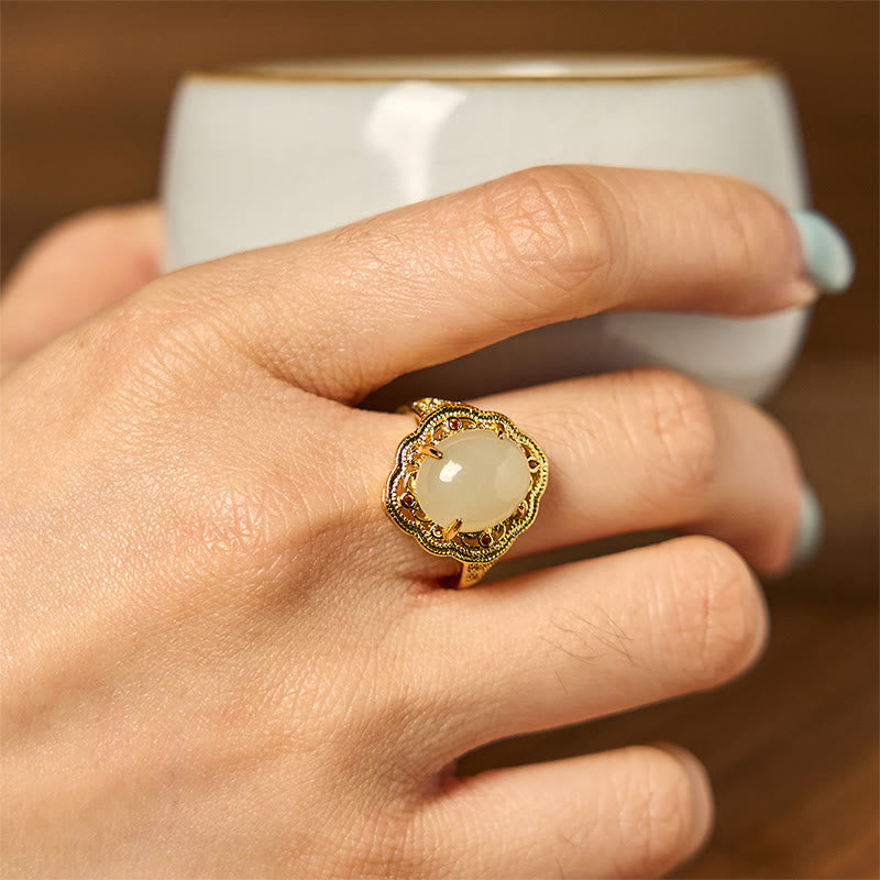 Natural Hetian Jade Vintage Egg Copper Open Luck Ring