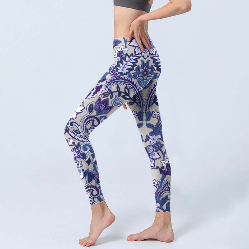 Purple Flower Leaves Print Gym Fitness Leggings Women's Yoga Pants