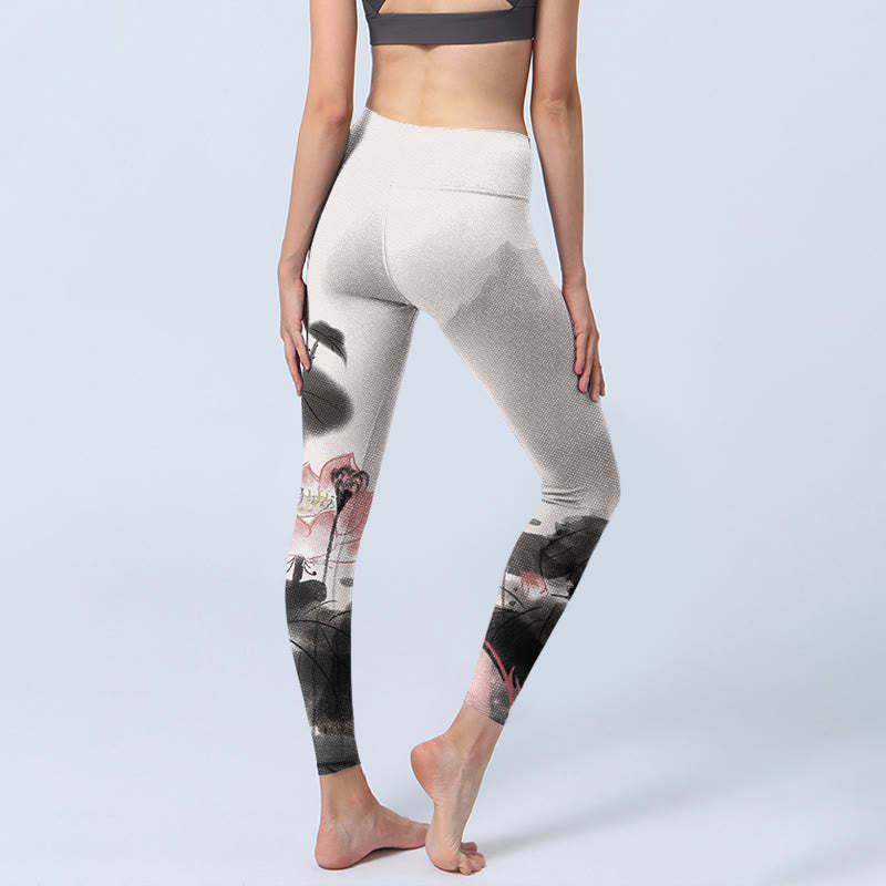 Ink Painting Lotus Flower Leaf Print Gym Fitness Leggings Women's Yoga Pants