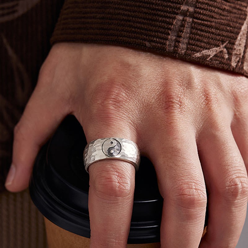 Handmade 999 Sterling Silver Yin Yang Bagua Symbol Harmony Adjustable Ring