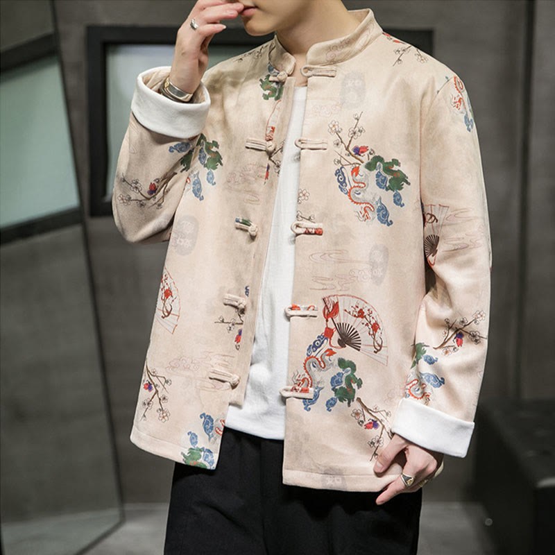 Chinese New Year Clothes Flowers Dragon Fan Auspicious Clouds Frog-button Tang Suit Cotton Men's Jacket Shirt