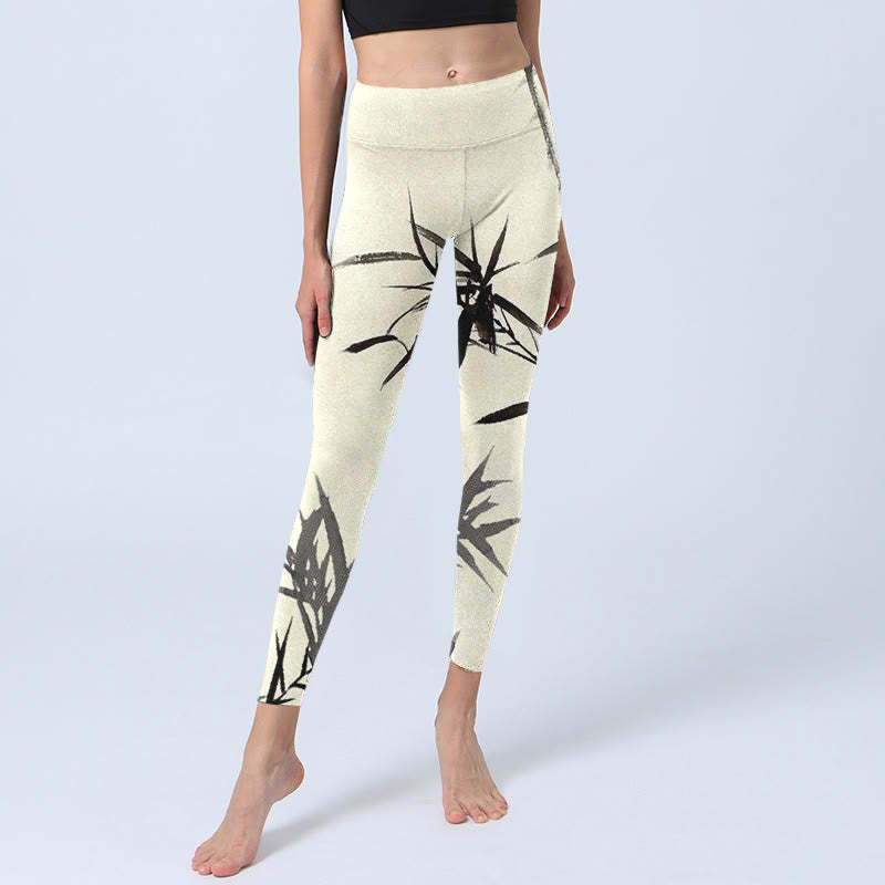 Ink Painting Bamboo Leaves Print Sports Leggings Women's Yoga Pants