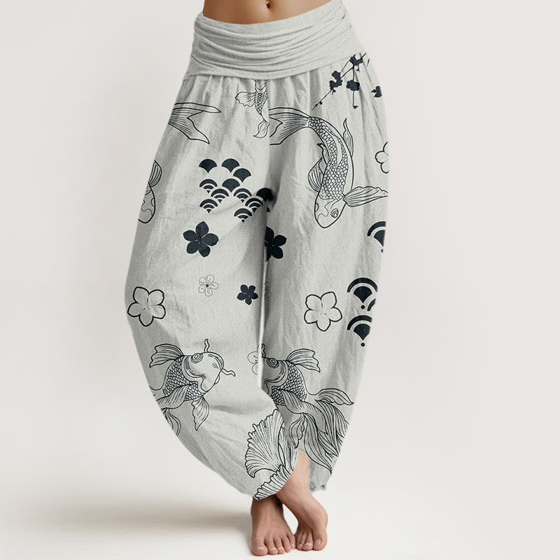 Koi Fish Waves Flowers Design Women's Elastic Waist Harem Pants