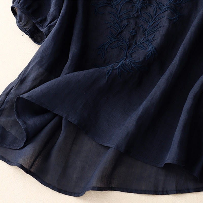 Vintage Casual Pure Leaf Embroidery V-Neck Half Sleeve Cotton Linen Women's T-Shirt