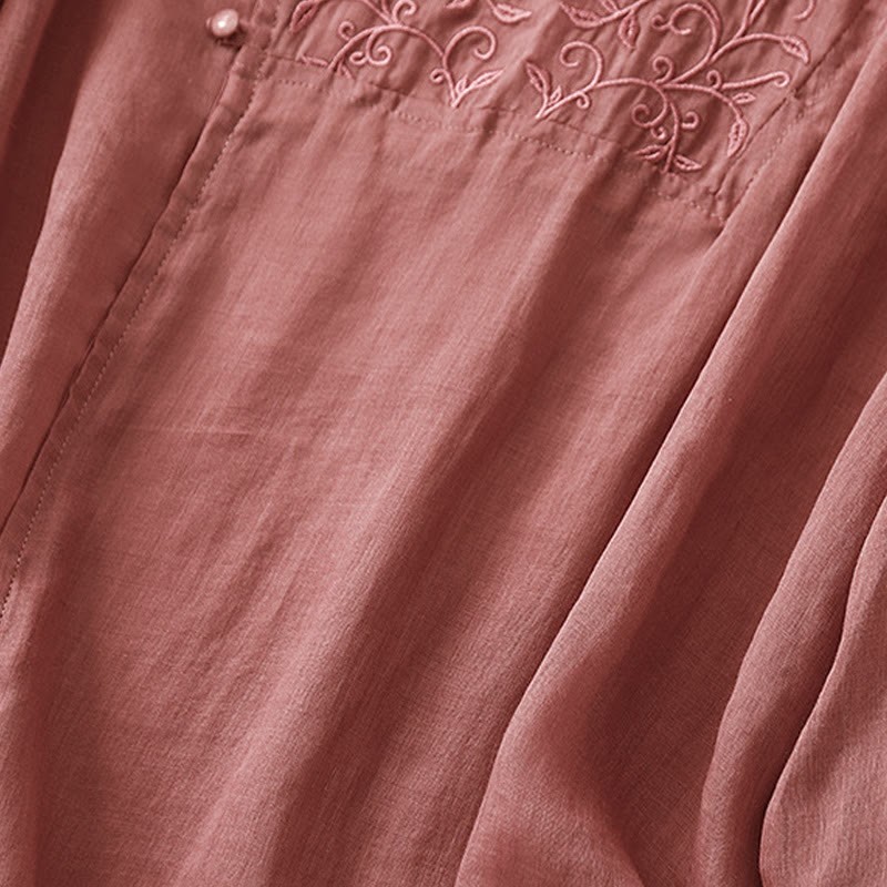 Plain Frog-Button Embroidery Vine Long Sleeve Slanted Collar Cotton Linen Women's Shirt