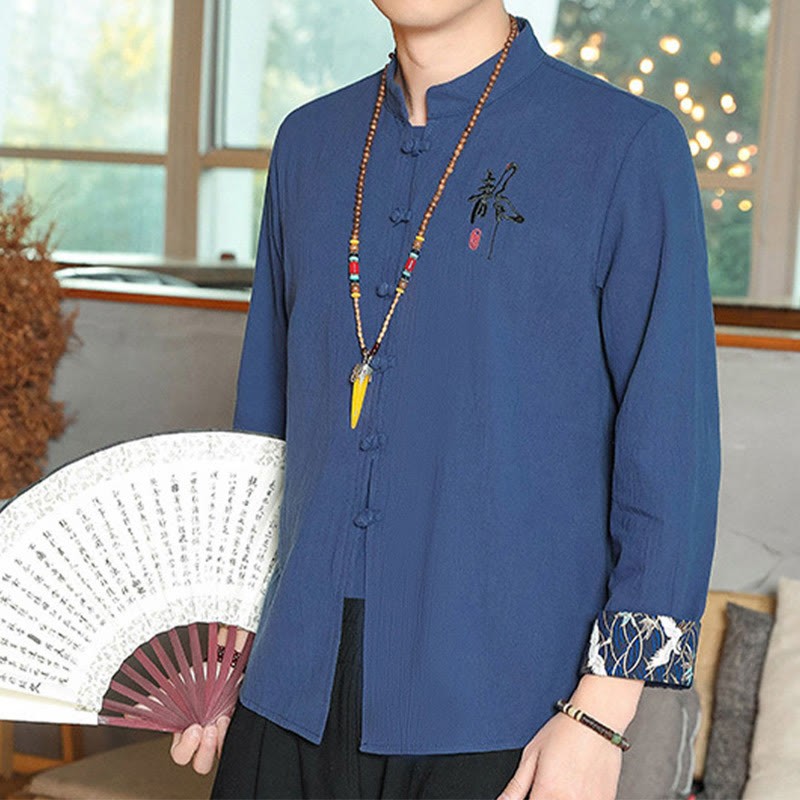 Fall Solid Long Sleeve Frog-Button Shirt Linen Men Zen Clothing