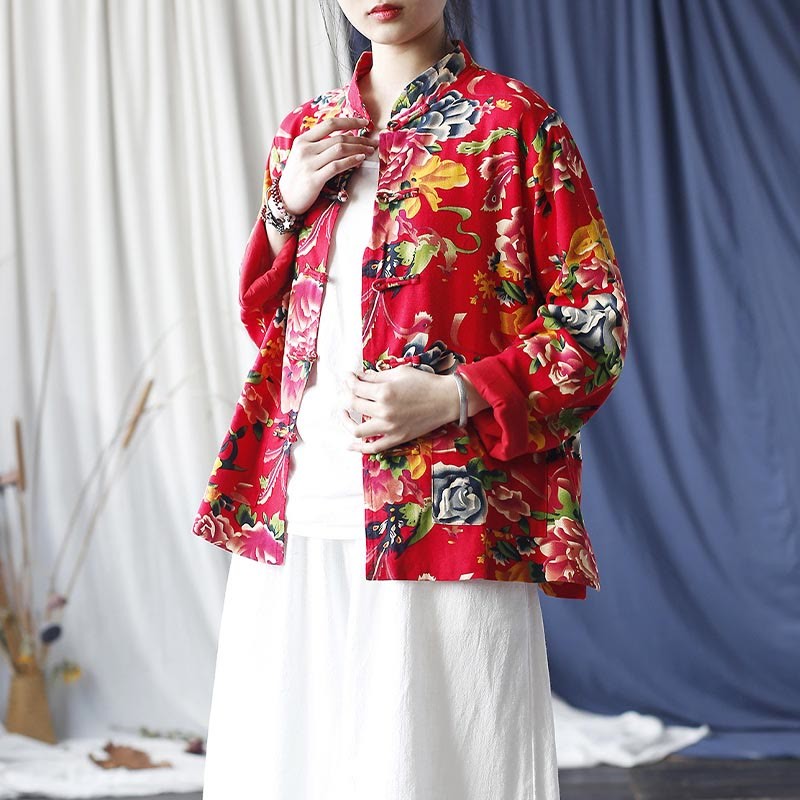 Ethnic Red Flower Peony Frog-Button Cotton Linen Long Sleeve Shirt Jacket With Pockets