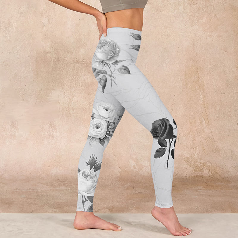 Black White Rose Gym Leggings Women's Yoga Pants