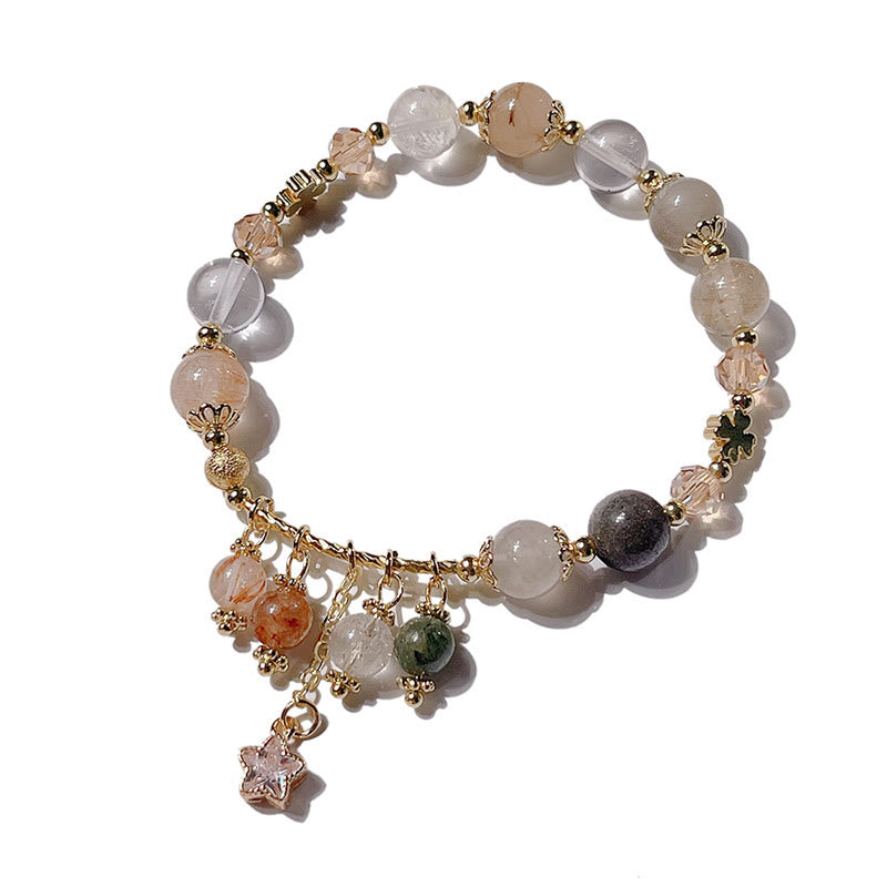 Natural Colored Yellow Rutilated Quartz Four Leaf Clover Star Auspiciousness Bracelet