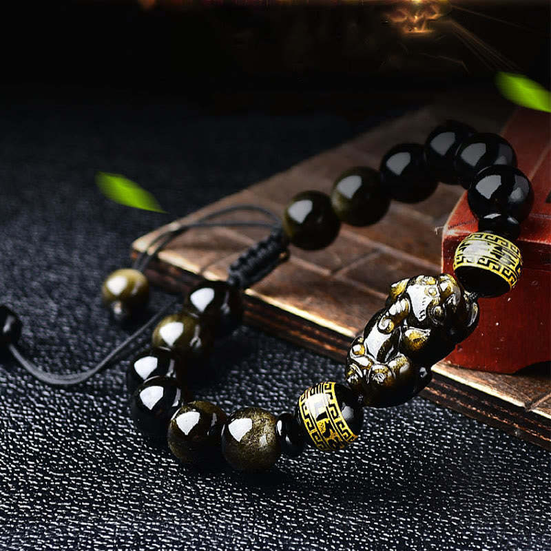 Natural Gold Sheen Obsidian PiXiu Om Mani Padme Hum Wealth Braided Bracelet
