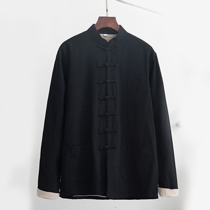 2Pcs Zen Tang Suit Men's Linen Frog-Button Long Sleeve Shirt Pants Set