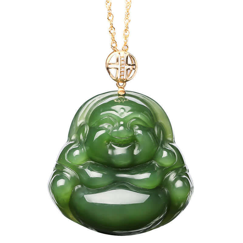 925 Sterling Silver Laughing mystic zen Hetian Cyan Jade 18K Gold Success Necklace Chain Pendant