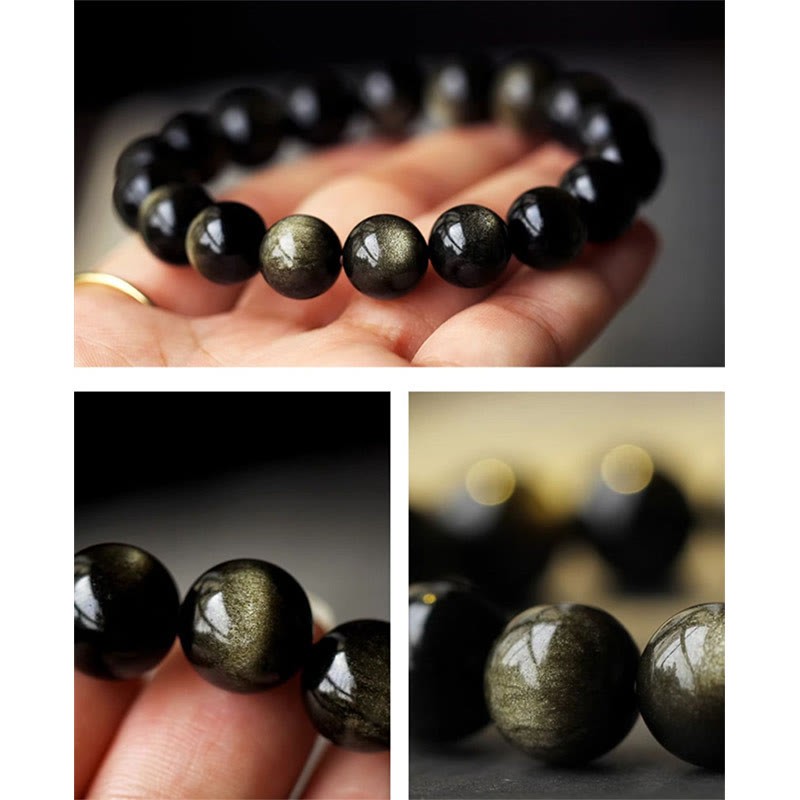 925 Sterling Silver Chinese Zodiac Natal mystic zen Natural Gold Sheen Obsidian Amber Wealth Protection Bracelet