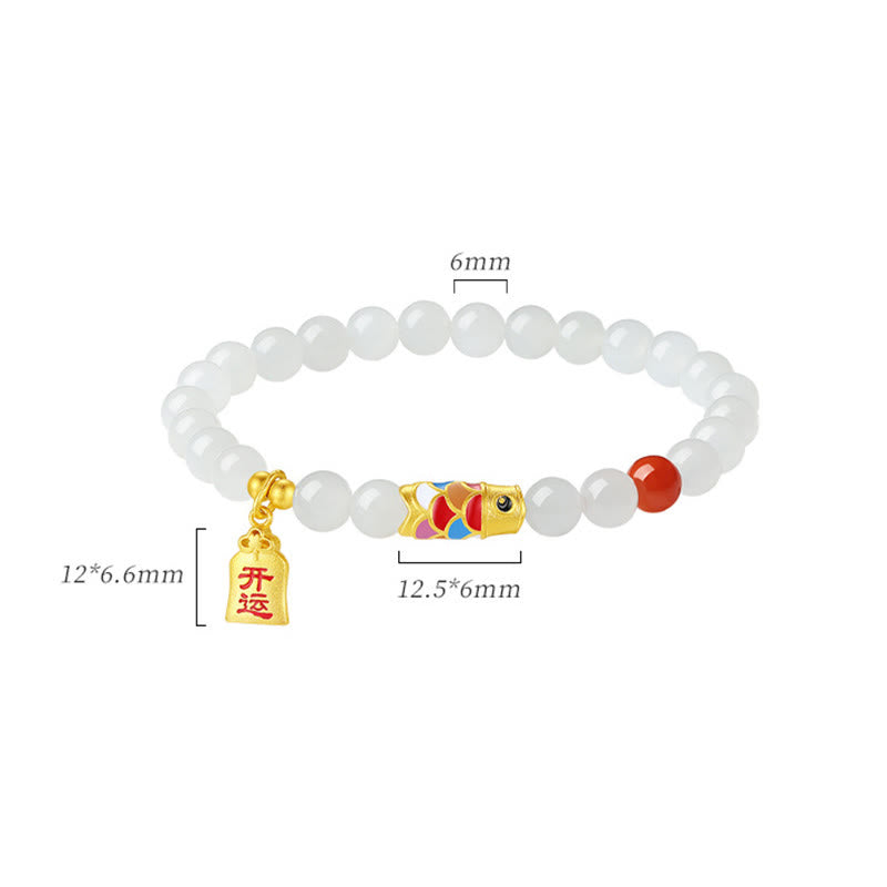 925 Sterling Silver Hetian White Jade Red Agate Koi Fish Luck Happiness Bracelet