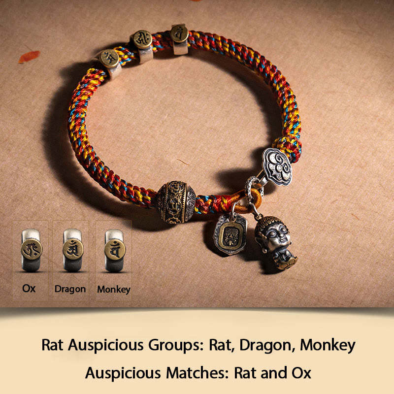 Handmade Tibetan 925 Sterling Silver Chinese Zodiac Natal mystic zen Zakiram Goddess of Wealth Protection Multicolored Rope Braided Bracelet
