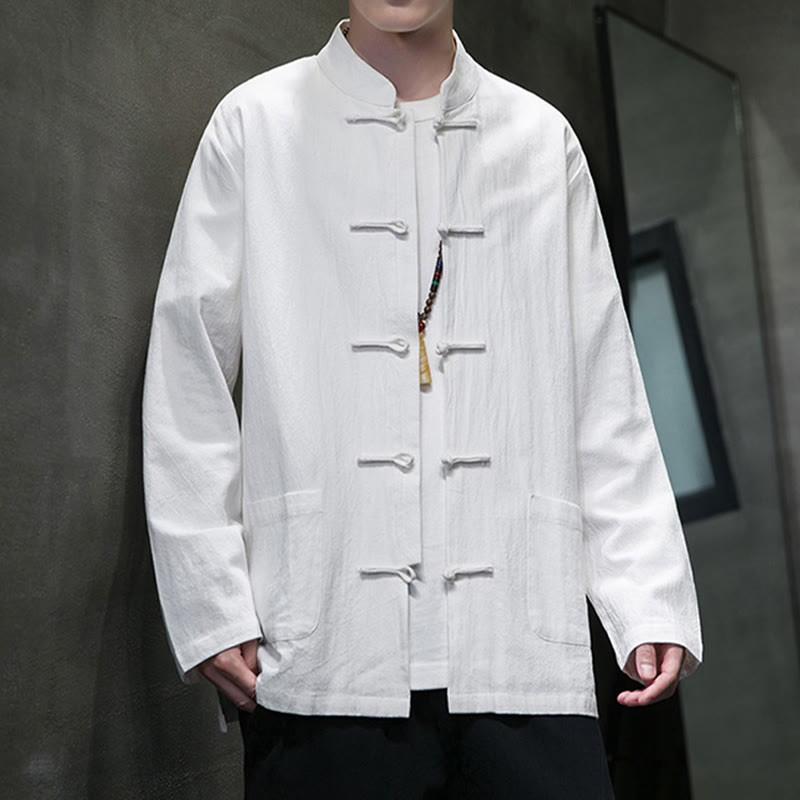 Solid Color Frog-button Tang Suit Cotton Linen Men's Jacket Shirt With Pockets