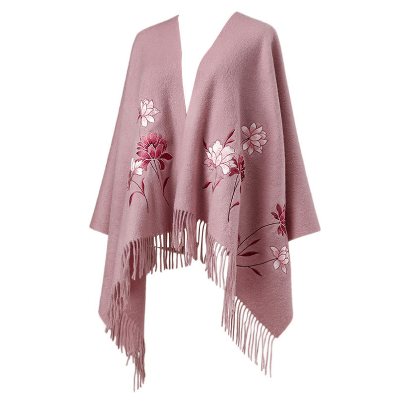 Wool Shawl Pink Lotus Embroidery Tassel Winter Cozy Travel Scarf Wrap