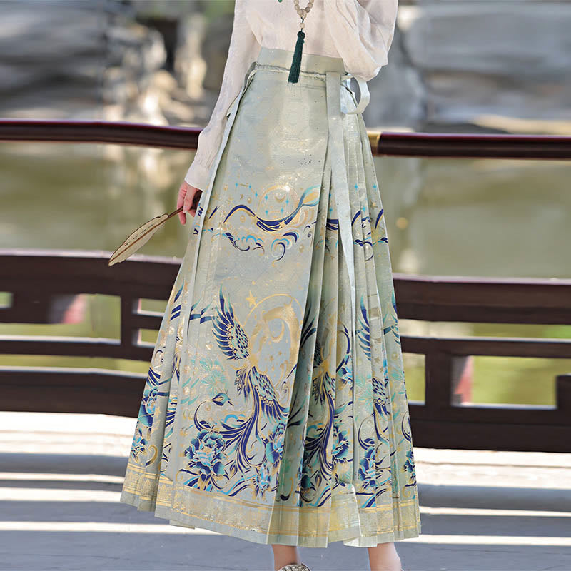 Green Phoenix Printed Chinese Hanfu Horse Face Skirt Mamianqun