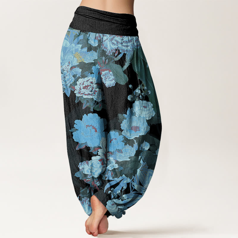 Casual Peony Lotus Leaves Pattern Women's Elastic Waist Harem Pants