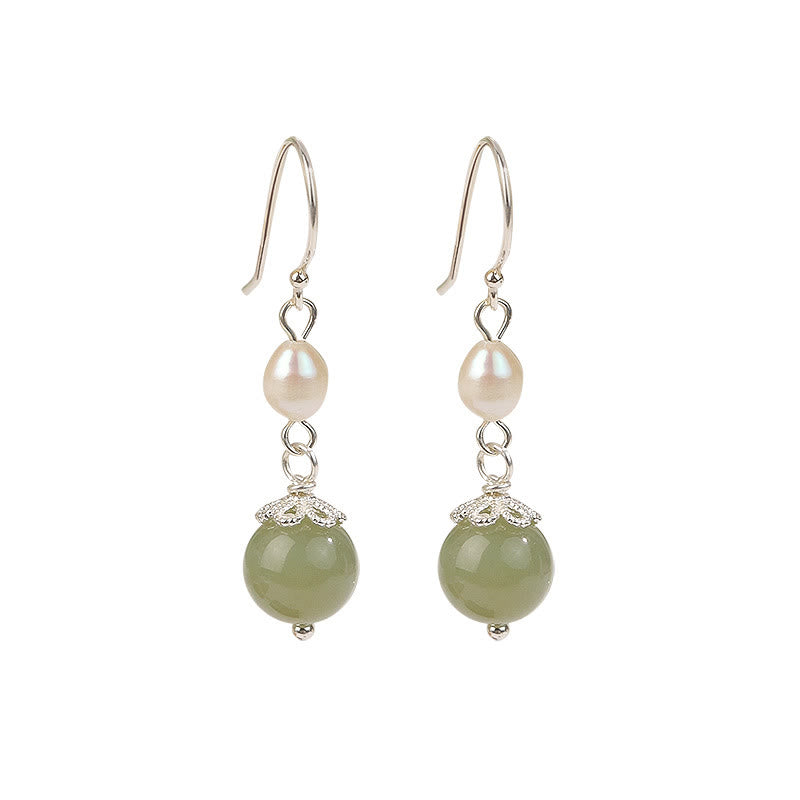 925 Sterling Silver Natural Pearl Jade Wisdom Earrings