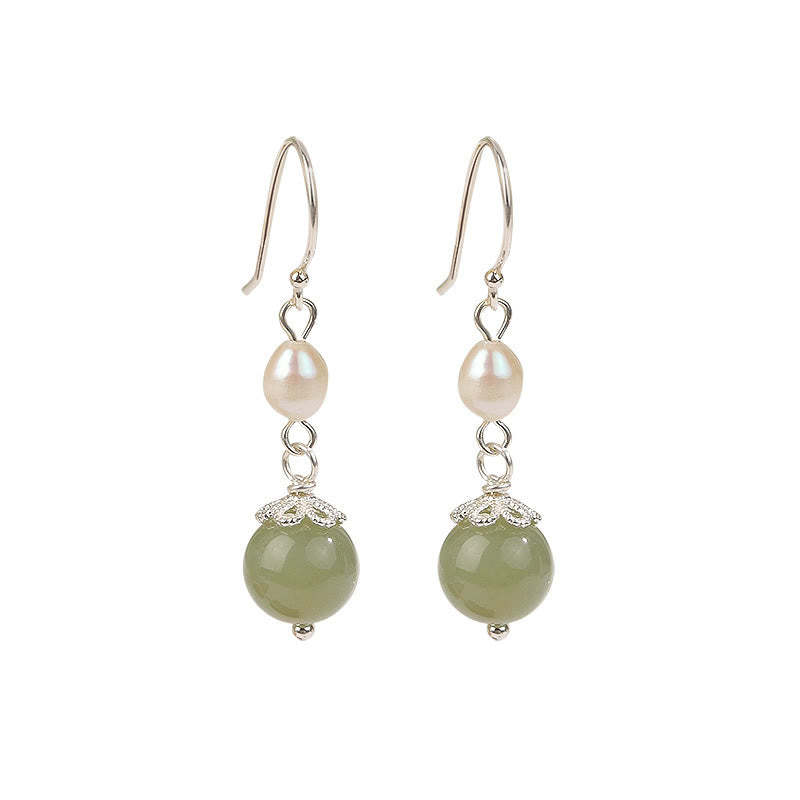 925 Sterling Silver Natural Pearl Jade Wisdom Earrings