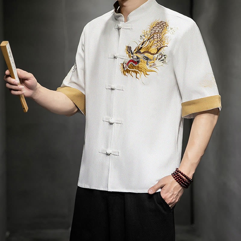 Frog-Button Chinese Dragon Auspicious Cloud Embroidery Half Sleeve Shirt Cotton Linen Men Clothing