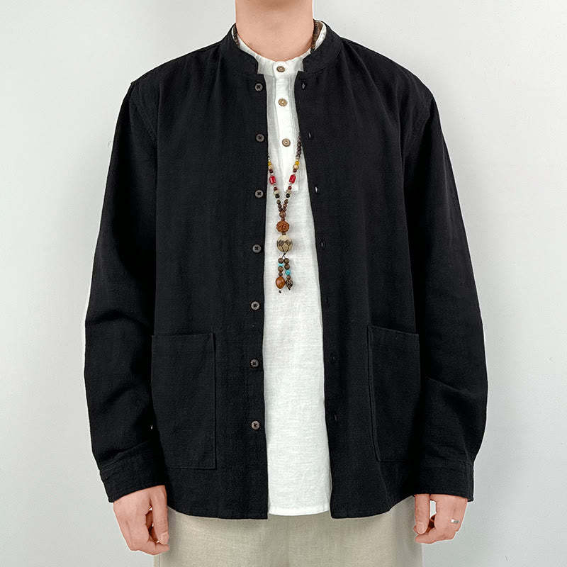 Casual Solid Color Ramie Linen Cotton Men's Shirt With Pockets