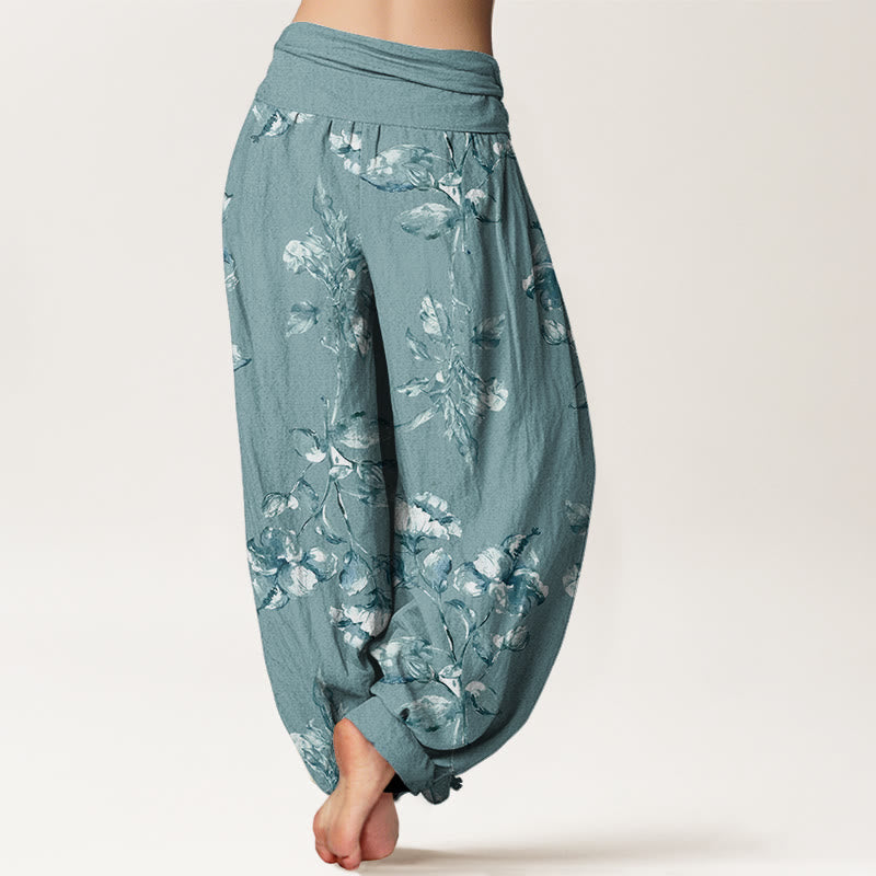 Rose Flowers Pattern Women's Elastic Waist Harem Pants