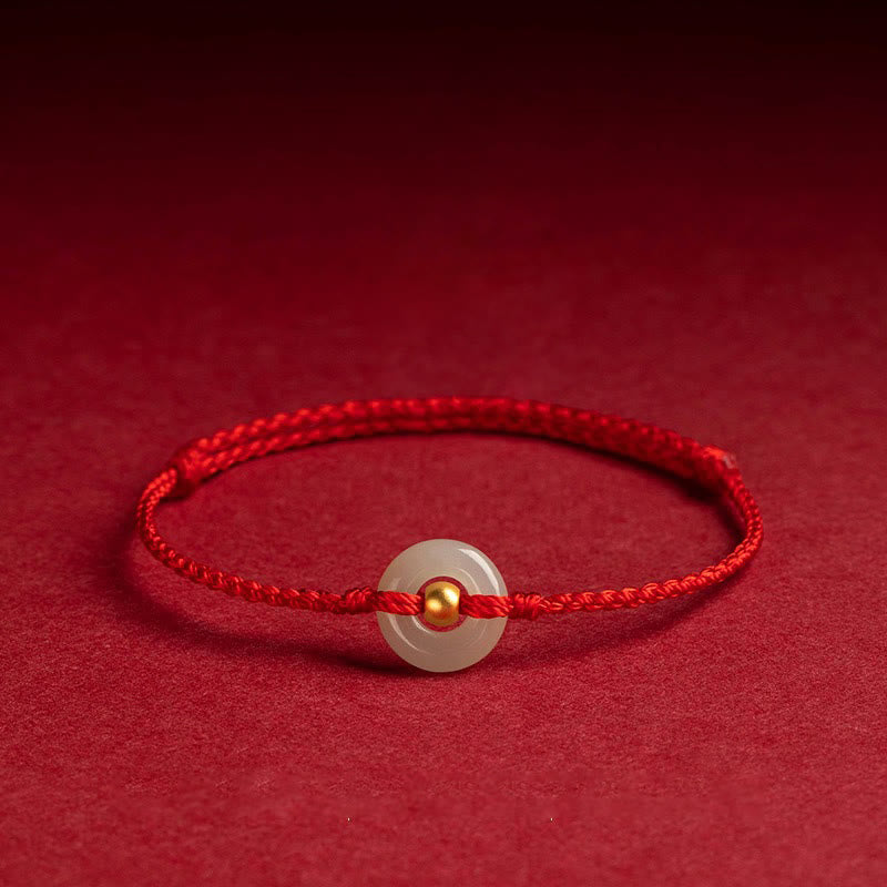 999 Gold Bead Round Peace Buckle Hetian Jade Luck Abundance Braided Bracelet Anklet