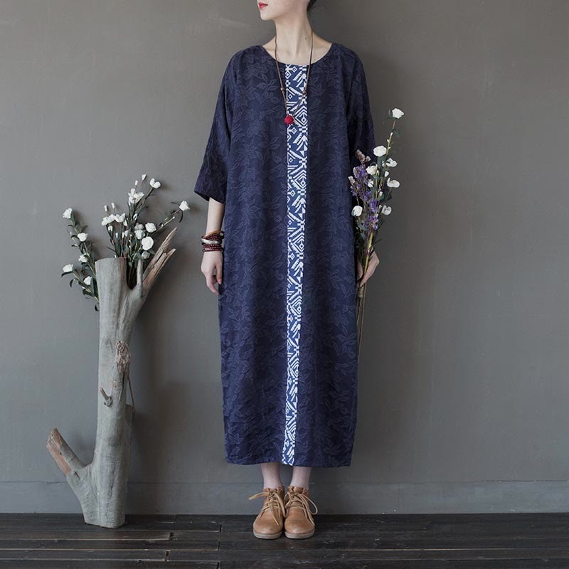 Blue Flowers Embroidery Jacquard Midi Dress Three Quarter Sleeve Cotton Dress With Pockets