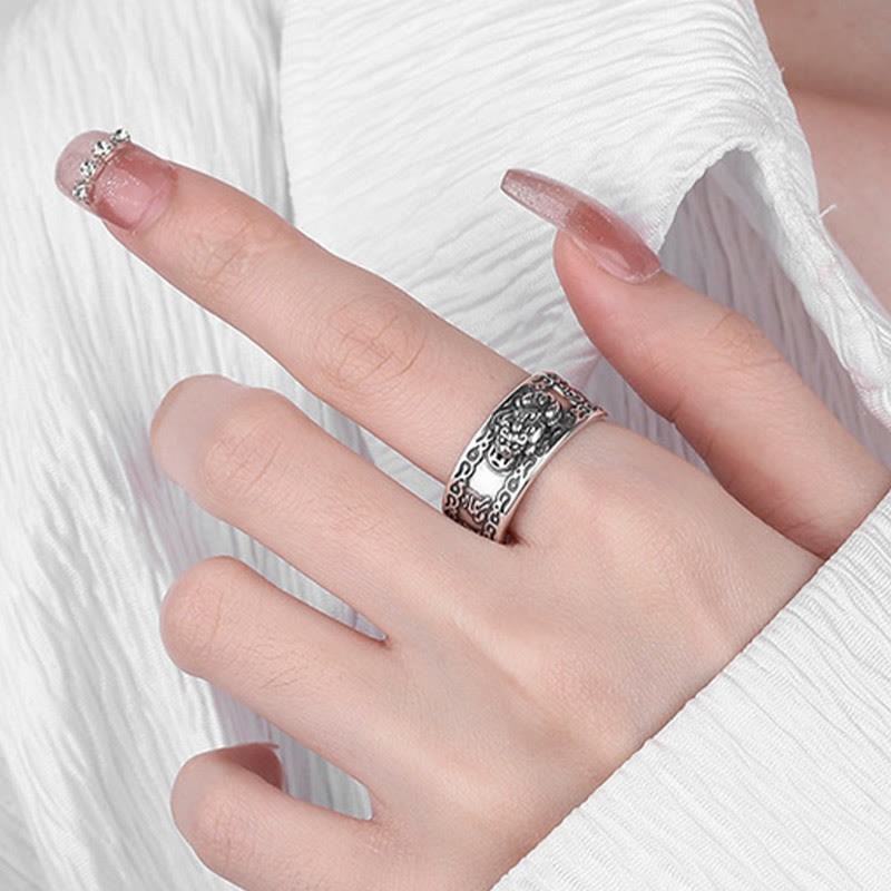 925 Sterling Silver PiXiu Scripture Carved Wealth Adjustable Ring