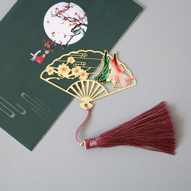 Traditional Butterfly Lotus Flower Crane Dragon Phoenix Fox Koi Fish New Beginning Metal Brass Hollow Fan Bookmarks