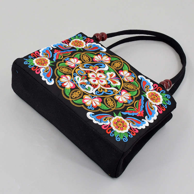 Galsang Inula Flower Peony Peacock Double-Sided Embroidery Canvas Shopping Purse Handbag