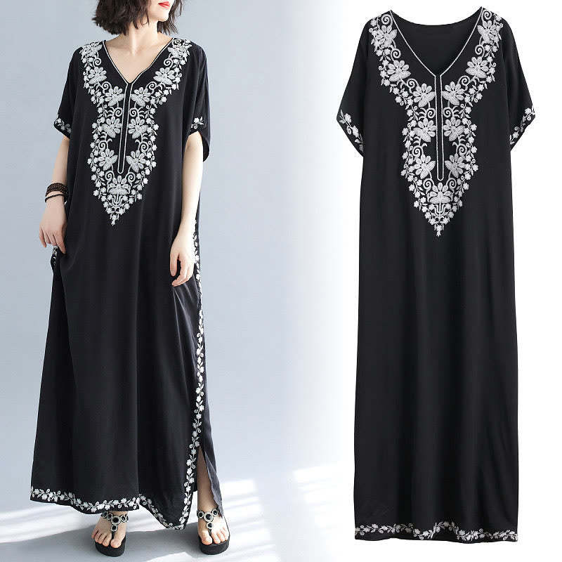 Summer Embroidery Flower V-Neck Short Sleeve Maxi Dress