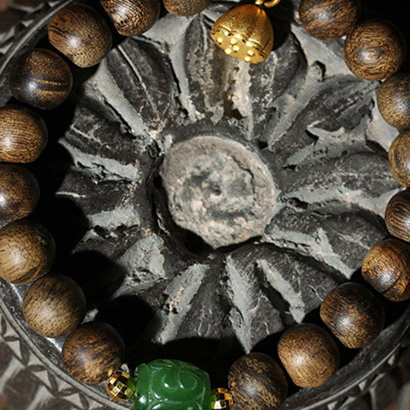 999 Gold Brunei Agarwood Cyan Jade Lotus Flower Peace Strength Bracelet