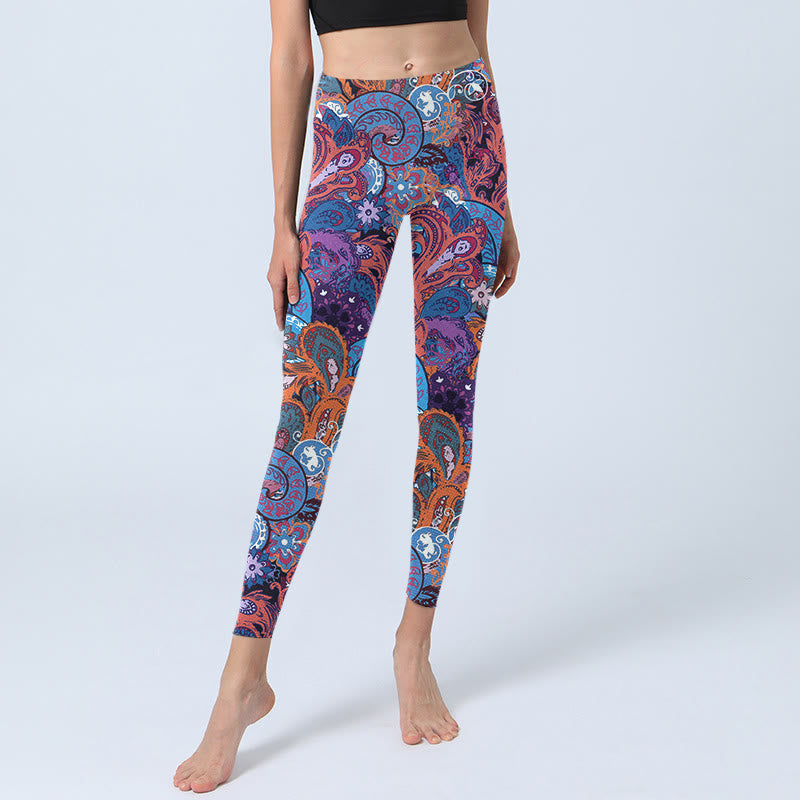 Colorful Floral Curly Grass Print Gym Leggings Women's Yoga Pants