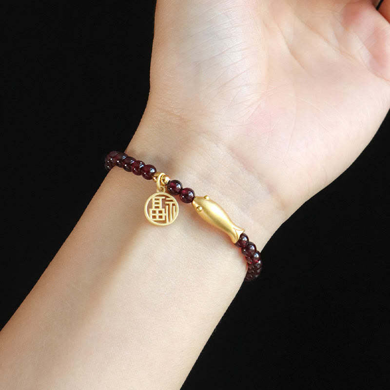 Garnet 925 Sterling Silver Fish Fu Character Purification Bracelet