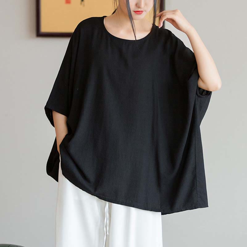 Solid Color Three Quarter Sleeve Top Loose Tee T-Shirt