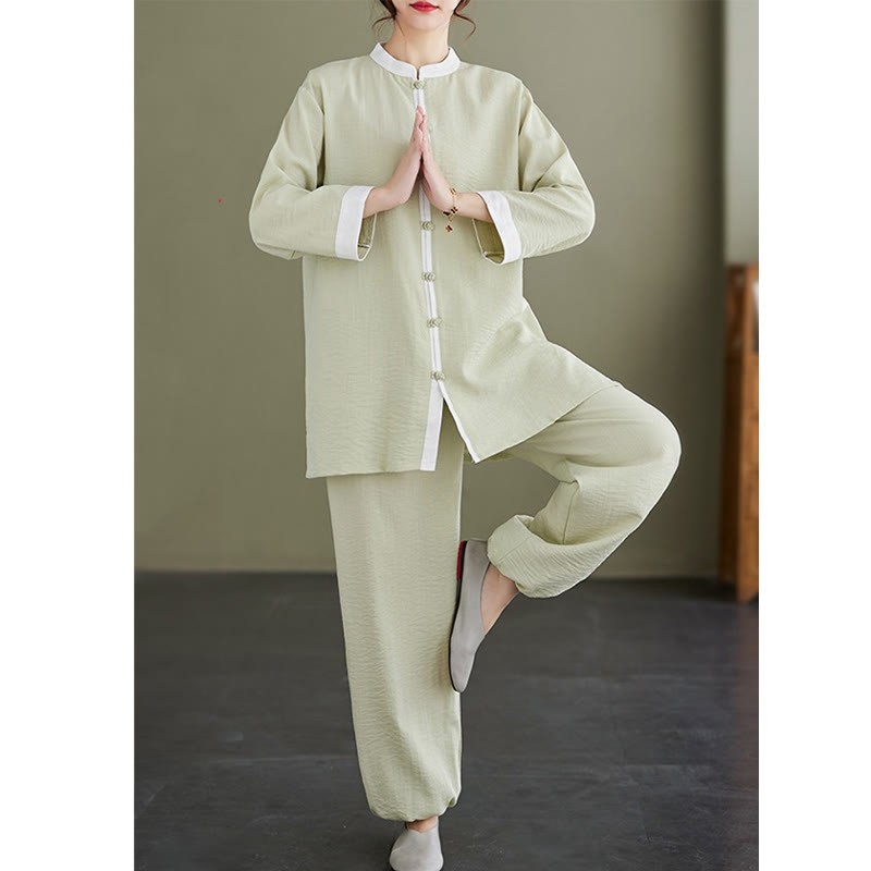 2Pcs Vintage Long Sleeve Shirt Top Pants Meditation Zen Tai Chi Cotton Linen Clothing Women's Set
