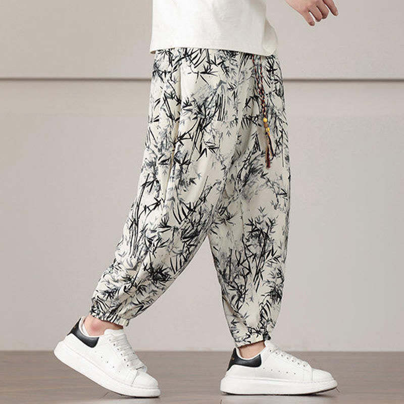 Bamboo Leaf Pattern Drawstring Men's Harem Pants With Pockets