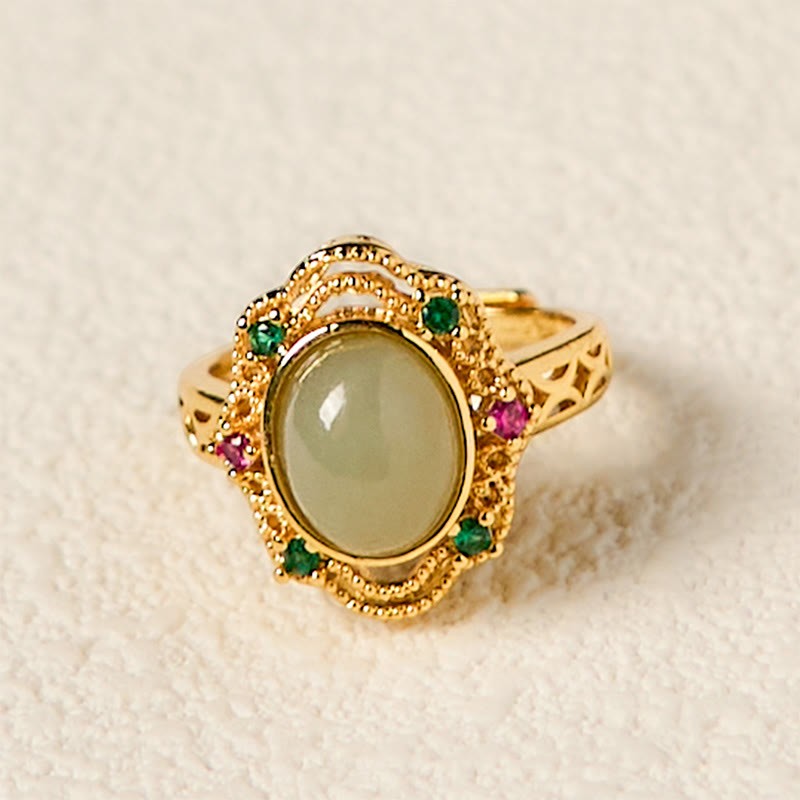 Natural Hetian Jade Egg Hollow Pattern Copper Open Luck Ring