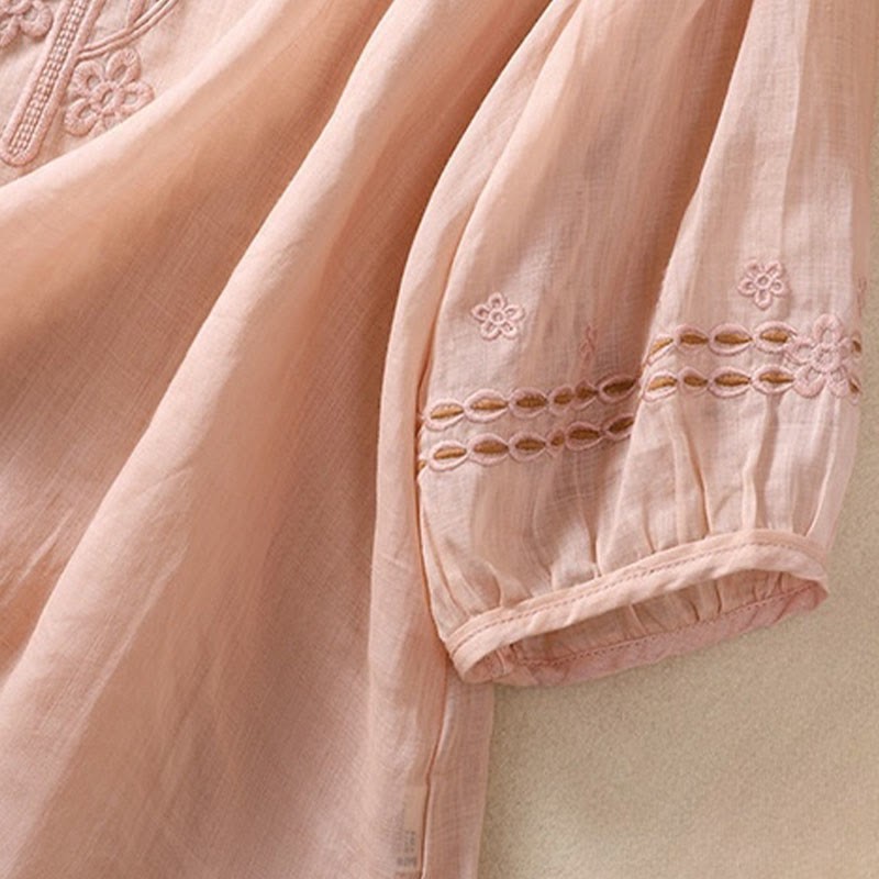 Artistic Plain Floral Embroidered Design Crew Neck Puff Half Sleeve Cotton Linen Women's T-Shirt