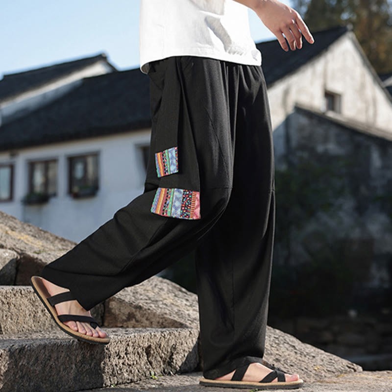 Simple Patchwork Design Drawstring Cotton Men's Wide Leg Pants With Pockets