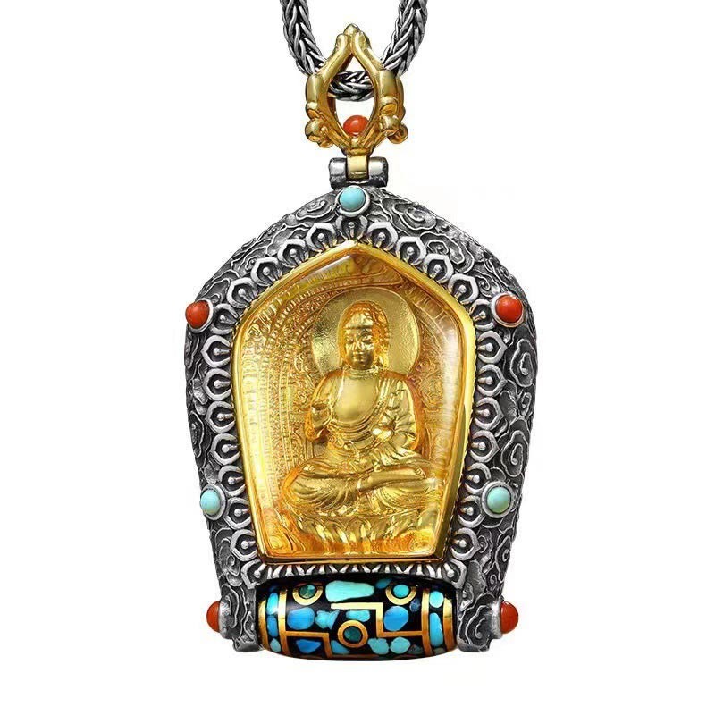 Tibet Chinese Zodiac Natal mystic zen Thangka Prosperity Rotatable Dzi Bead Necklace Pendant