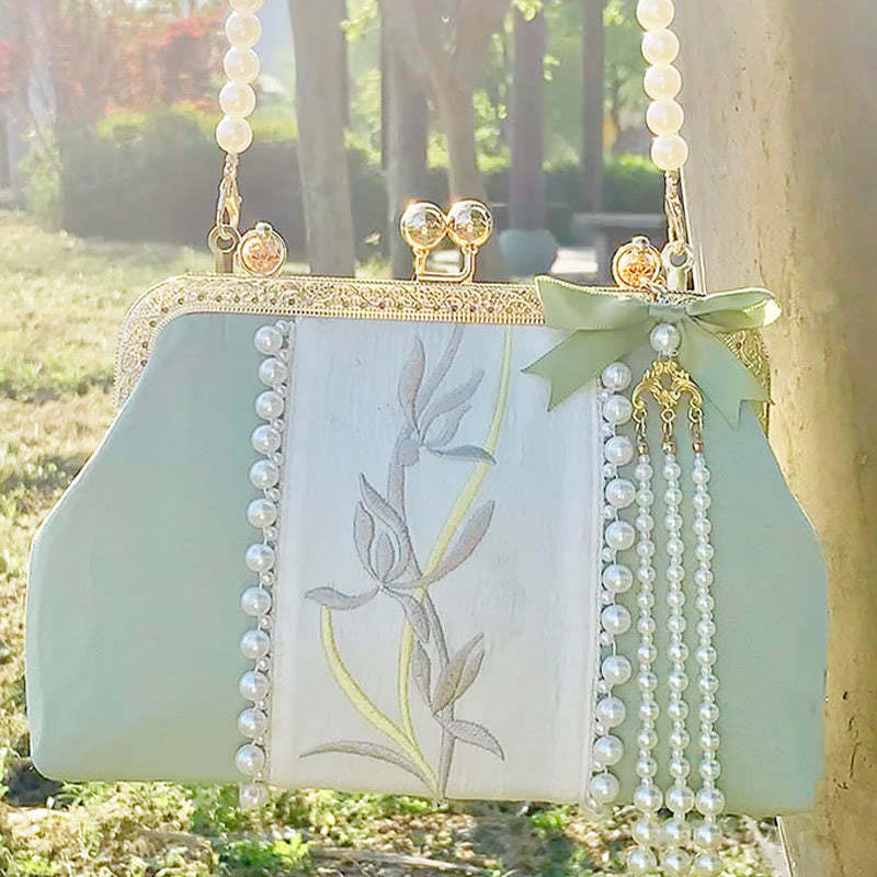 Double-sided Flowers Embroidery Pearl Pendant Metal Chain Crossbody Bag Handbags